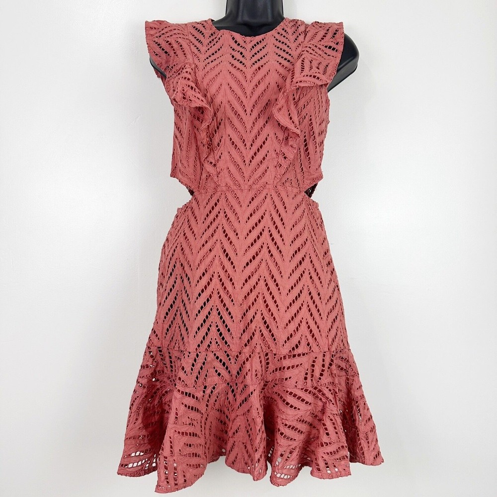 Revolve Bardot Aria Eyelet Cutout Short Dress Ruffle Moroccan Rose US S Uk10 - Picture 2 of 16